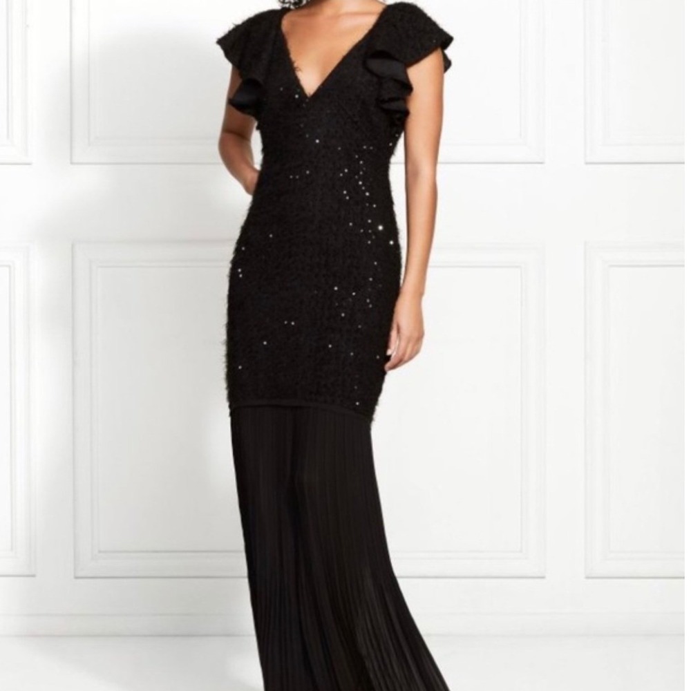 Rachel‎ Zoe Sequin Eyelash Knit Pleated Maxi Gown Black Size 0 NWT